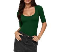 ALGALAROUND Scoop Neck Tops for Women Half Sleeve Shirts 1/2 Elbow Sleeves Basic Tee Slim Fit Casual Summer Going Out T-Shirt Deep Green L