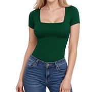 ALGALAROUND T-Shirts for Women Fitted Square Neck Short Sleeve Shirt T-Shirts Summer Basic Womens Tops for Ladies Slim Fit Tee Going Out Top Deep Green M