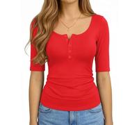 ALGALAROUND Women Top Henley Button Down T Shirts Half Sleeve Tops Summer T-Shirt Basic Shirt Casual Going Out Slim Fit Y2K 2026 Spring Fashion Vacation Outfits Red L