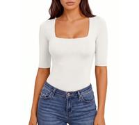 ALGALAROUND Women Top Square Neck Half Sleeve T Shirts Summer T-Shirt Basic Shirt Casual Going Out Slim Fit Y2K 2026 Summer Vacation Outfits Creamy White L