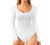 ALGALAROUND Women's bodysuits Double Lined Long Sleeve Scoop Neck Ladies Top Nylon Body Suit Shirt Leotard Basic Bodysuit for Women going out