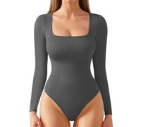 ALGALAROUND Women's bodysuits Double Lined Long Sleeve Square Neck Ladies Top Nylon Body Suit Shirt Leotard Basic Bodysuit for Women going out