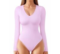 ALGALAROUND Women's bodysuits Double Lined Long Sleeve V-Neck Ladies Top Nylon Body Suit Shirt Leotard Basic Bodysuit for Women going out