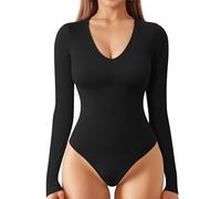 ALGALAROUND Women's bodysuits Double Lined Long Sleeve V-Neck Ladies Top Nylon Body Suit Shirt Leotard Basic Bodysuit for Women going out