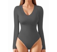 ALGALAROUND Women's bodysuits Double Lined Long Sleeve V-Neck Ladies Top Nylon Body Suit Shirt Leotard Basic Bodysuit for Women going out