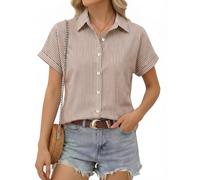 ALGALAROUND Women's Striped Tops V-Neck Short Sleeve Button Down Shirts Casual Summer Fitted Shirt Basic Shirts Going Out Elegant Smart Blouses for Women Brown and White Stripes XXL