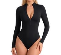 ALGALAROUND Zip Up Bodysuit Women Mock Turtle Neck Long Sleeve | Sexy Ribbed Deep V Body suit Shirt Women's Top Slim Fitted Going Out outfit