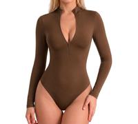ALGALAROUND Zip Up Bodysuit Women Mock Turtle Neck Long Sleeve | Sexy Ribbed Deep V Body suit Shirt Women's Top Slim Fitted Going Out outfit