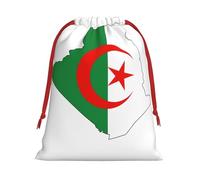 Algeria Flag Map Print Christmas Drawstring Gift Bags, Xmas Holiday Fabric Gift Wrapping Bag For Party, Size-L