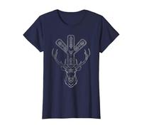 Algiz Rune and Deer T-Shirt, Women, Navy Blue, Large