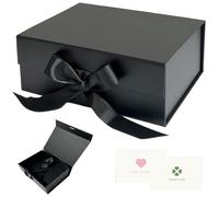 AlGuirnex Black Foldable Gift Box 22x17x9cm with Magnetic Lid, Premium Present Box with Ribbon & 2 Greeting Cards - Luxury Flat-Pack Packaging for Birthday, Wedding & Occasions