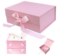 AlGuirnex Gift Box Foldable 22x16x8.7cm with Magnetic Lid, Premium Present Box with Ribbon & 2 Greeting Cards - Luxury Flat-Pack Packaging for Birthday, Wedding & Occasions (Pink)