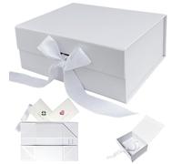 AlGuirnex Gift Box Foldable 22x16x8.7cm with Magnetic Lid, Premium Present Box with Ribbon & 2 Greeting Cards - Luxury Flat-Pack Packaging for Birthday, Wedding & Occasions (White)