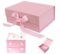 AlGuirnex Gift Box Foldable 22x17x9cm with Magnetic Lid, Premium Present Box with Ribbon & 2 Greeting Cards - Luxury Flat-Pack Packaging for Birthday, Wedding & Occasions (Pink)