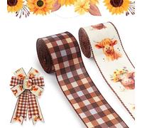 ALIBBON 2 Rolls 2.5" × 5 Yd Fall Wired Ribbon Thanksgiving Burlap Ribbons Cow Ribbons Brown Buffalo Plaid Ribbons for Thanksgiving Fall Wreath DIY Crafting Gifts Wrapping Party Decoration