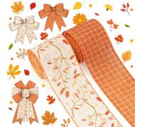 ALIBBON 2 Rolls 2.5" × 5 Yd Thanksgiving Fall Ribbons Autumn Leaves Plaid Wired Burlap Ribbons Orange Thanksgiving Decor Ribbon for Fall Wreath Bow Making DIY Crafts Gift Wrapping Party Decoration