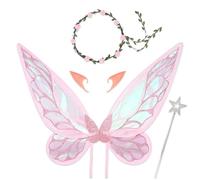 ALIBBON Fairy Wings Glitter Pink Fairy Costume Set with Floral Wreath Wand Elf Ears for Women Adults, Organza Butterfly Wings Dress Up Accessories for Halloween Party Cosplay Holiday Decorations