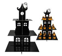 ALIBBON Halloween Cupcake Stand 3-Tier Castle Cupcake Stand Tower Black Cardboard Dessert Holder Haunted House Cup Cake Serving Tray Halloween Party Supplies Decoration