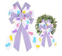 ALIBBON Large Easter Bows for Wreaths, Spring Easter Wreath Bows, Purple White Rabbit Bows for Crafts, Easter Decor, Colorful Rabbits Burlap Bows for Wreath Indoor Outdoor Wall Window Decorations
