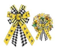 ALIBBON Large Spring Bee Bows for Wreaths, Spring Wreath Bows, Black White Buffalo Plaid Bows for Front Door, Spring Decor, Honeybee Burlap Bows for Spring Wreath Indoor Outdoor Decoration