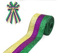 ALIBBON Mardi Gras Fabric Ribbon 2.5 Inch x 10 Yards Wired Edge Ribbons Glitter Yellow Purple Green Ribbon Stripe Ribbon for Wreaths Carnival Masquerade DIY Crafting Gifts Wrapping Party Decoration