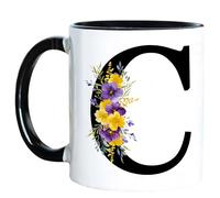 AliCarr Birthday Gifts for Women, Monogrammed Floral C Ceramic Coffee Mug 11oz Black, Reusable Initial C Drinkware Tea Cup for Home Office Daily Life Aunt Mom Sister Friends Christmas 1pc(3C)