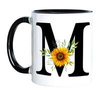 AliCarr Birthday Gifts for Women, Monogrammed Floral M Ceramic Coffee Mug 11oz Black, Reusable Initial M Drinkware Tea Cup for Home Office Daily Life Aunt Mom Sister Friends Christmas 1pc(13M)