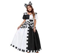 Alice Cosplay Costume,Maid Lolita Dress with Bow Headband,Black and White Gingham Dress with Belt for Halloween,Carnival (Balck+White, L)