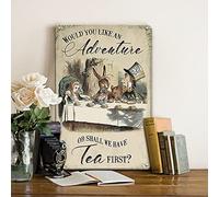 Alice in Wonderland Decor Metal Signs - Shall we Have Tea First - 30 x 20 cm Retro Tin Signs Tea Corner, Coffee, Bedroom, Alice in Wonderland Gift for Women Family Friends
