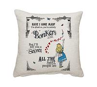 Alice in Wonderland Have I Gone Mad Birthday Gift Secret Santa Bonkers Hearts Home decor Linen Throw Pillow/Cushion. (Linen Cushion Cover)