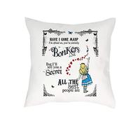 Alice in Wonderland Have I Gone Mad Birthday Gift Secret Santa Bonkers Hearts Home Decor Satin Cushion, Throw Pillow/Cushion. (Satin Cushion Cover With Insert)