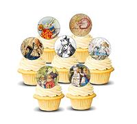Alice in Wonderland Old Looking Glass Vintage Style Edible Thick Wafer Card Standing Cupcake Toppers Birthday Party Cake Decorations Easy to cut