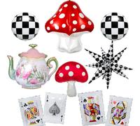 Alice in Wonderland Party Decorations,4D Mushroom/Playing Card/Teapot/Checkered Foil Balloons For Tea Party Decoration,Fairy Party Balloons.