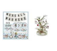 Alice in Wonderland Party Decorations & Tableware for 16 Guests | Mad Hatter Double Sided Bunting ,Paper Plates, Napkins & Alice in Wonderland Cupcake Stand Centrepiece Mad Hatter Tea Party
