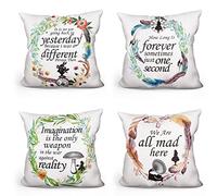 Alice in Wonderland Quote Throw Pillow Covers Set of 4 Cute Pillow Cases Linen Pillowcases Cushion Case Home Decor Gifts for Teens Women Friends - 18x18 Inch