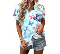 Alice in Wonderland Shirt Women Mad Tea Party Shirts Vacation Button up Tshirt Cute Fairy Tale Graphic Tee Tops, Light Blue, L