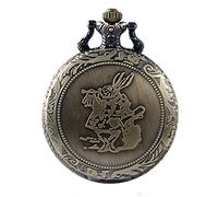 Alice in Wonderland The White Rabbit "I'm Late" Theme 3D Brushed Bronze Effect Antiqued/Vintage Case Women's Quartz Pocket Fob Watch Necklace - On 32" Inch / 80cm Chain