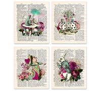 Alice in Wonderland Wall Art, 8"x10" Set of 4 Unframed Decor Prints. On Vintage Style Dictionary Page. Gift For Book Lovers and Lewis Carroll Fan