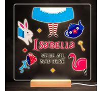 Alice in Wonderland We're All Mad Square Personalised Gift Lamp Night Light | Personalised Gift for Home, Lamp Room Décor | Kids & Adults Night Lights with Name | Personalised Gift for Bedroom |