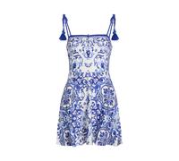 Alice + Olivia Glinda Printed Linen-blend Mini Dress - Blue And White - 10 (UK14 / L)