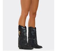 Alice Padlock Detail Pointed Toe Mid Calf Boot In Black Faux Leather, Women's Size UK 8