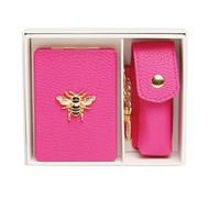 Alice Wheeler Bee Compact Mirror & Lipstick Holder Set - Hot Pink Vegan Leather 2-Piece Set with Gold Bee Detail - Clip-On Lipstick Case & Oblong Mirror