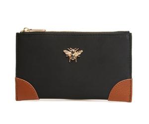 Alice Wheeler London Bee Brompton Purse - Compact Lightweight Purse with Gold Bee Emblem, Vegan Leather Trim & Back Zip Pocket - 18 x 10.5 cm - Teal, Olive, Stone, Black, Chocolate (Black)