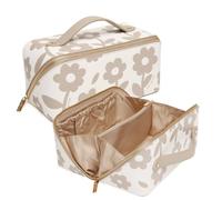 Alice Wheeler London Floral Daisy Train Case, Makeup Organiser with Lay Flat Opening, Cosmetic Storage Bag with Internal Pockets, Travel Beauty Case, Gold Zip, 24 x 12 x 12cm (Stone)