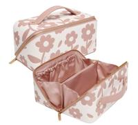 Alice Wheeler London Floral Daisy Train Case, Makeup Organiser with Lay Flat Opening, Cosmetic Storage Bag with Internal Pockets, Travel Beauty Case, Gold Zip, 24 x 12 x 12cm (Pink)