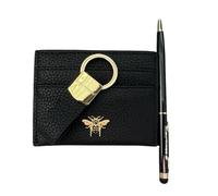 Alice Wheeler London Luxury 3-Piece Gift Set - Vegan Leather Bow Card Holder with Gold Bee Fitting, Exclusive Loop Keyring & Ballpoint Pen with Stylus - Gift Box - 5 Colours (Black)