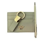 Alice Wheeler London Luxury 3-Piece Gift Set - Vegan Leather Bow Card Holder with Gold Bee Fitting, Exclusive Loop Keyring & Ballpoint Pen with Stylus - Gift Box - 5 Colours (Pistachio)