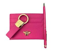 Alice Wheeler London Luxury 3-Piece Gift Set - Vegan Leather Bow Card Holder with Gold Bee Fitting, Exclusive Loop Keyring & Ballpoint Pen with Stylus - Gift Box - 5 Colours (Hot Pink)