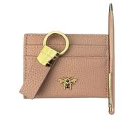 Alice Wheeler London Luxury 3-Piece Gift Set - Vegan Leather Bow Card Holder with Gold Bee Fitting, Exclusive Loop Keyring & Ballpoint Pen with Stylus - Gift Box - 5 Colours (Pink)