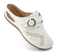 Alicegana Mules for Women Comfort Closed Toe Sandals Summer Slip on Wedge with Adjustable Hook Loop, White 702, 4